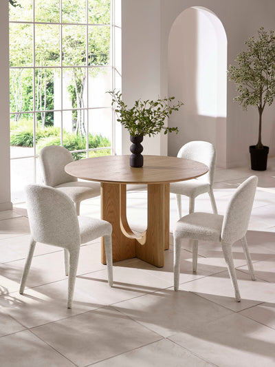 Cellini Round Oak Effect Dining Set with 4 Holly Fully Upholstered Beige Chenille Chairs – Natural Oak Effect