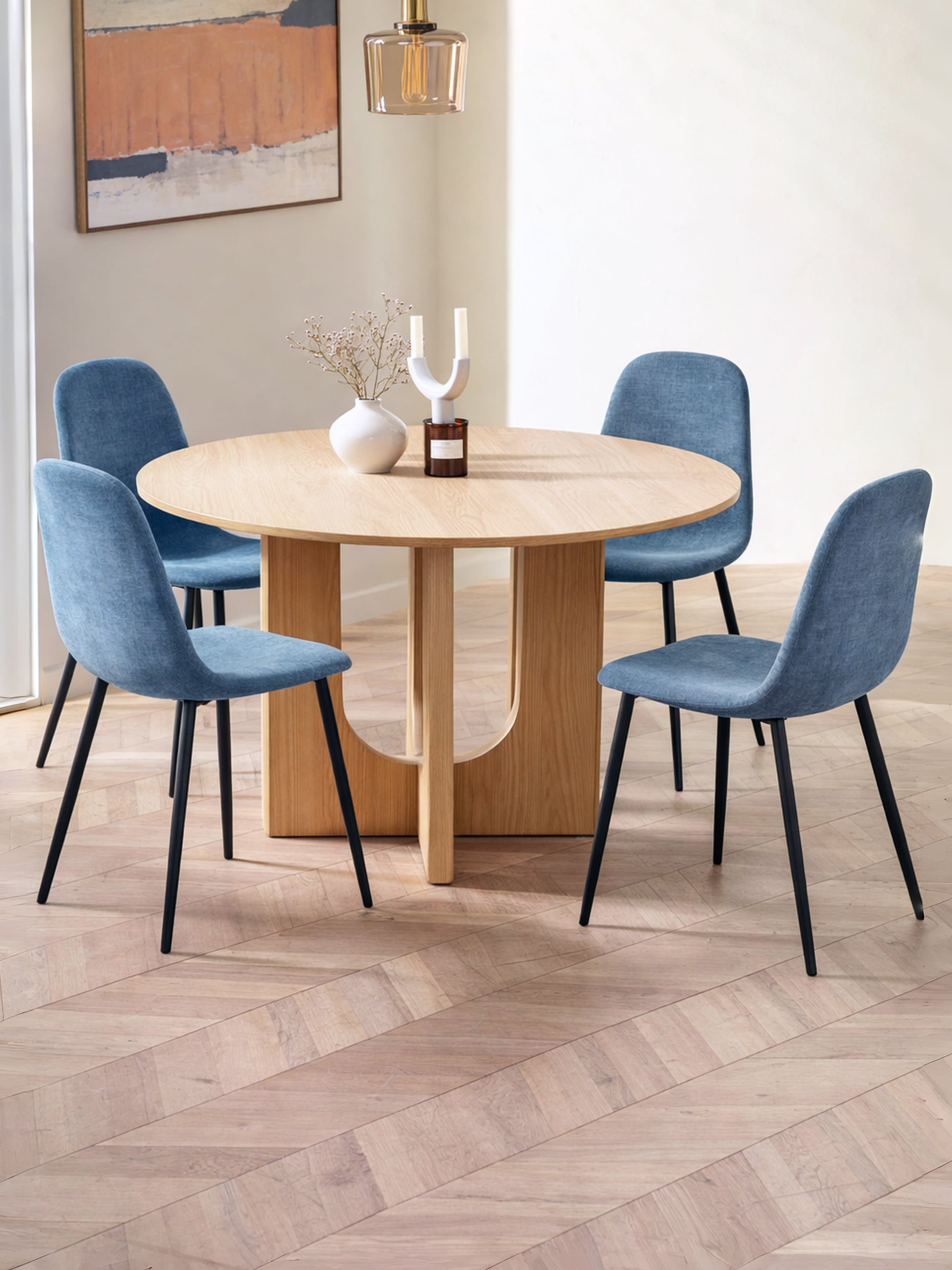 Cellini Round Oak Effect Dining Table Set with 4 Lottie Blue Chenille Upholstered Dining Chairs – Natural Oak Effect