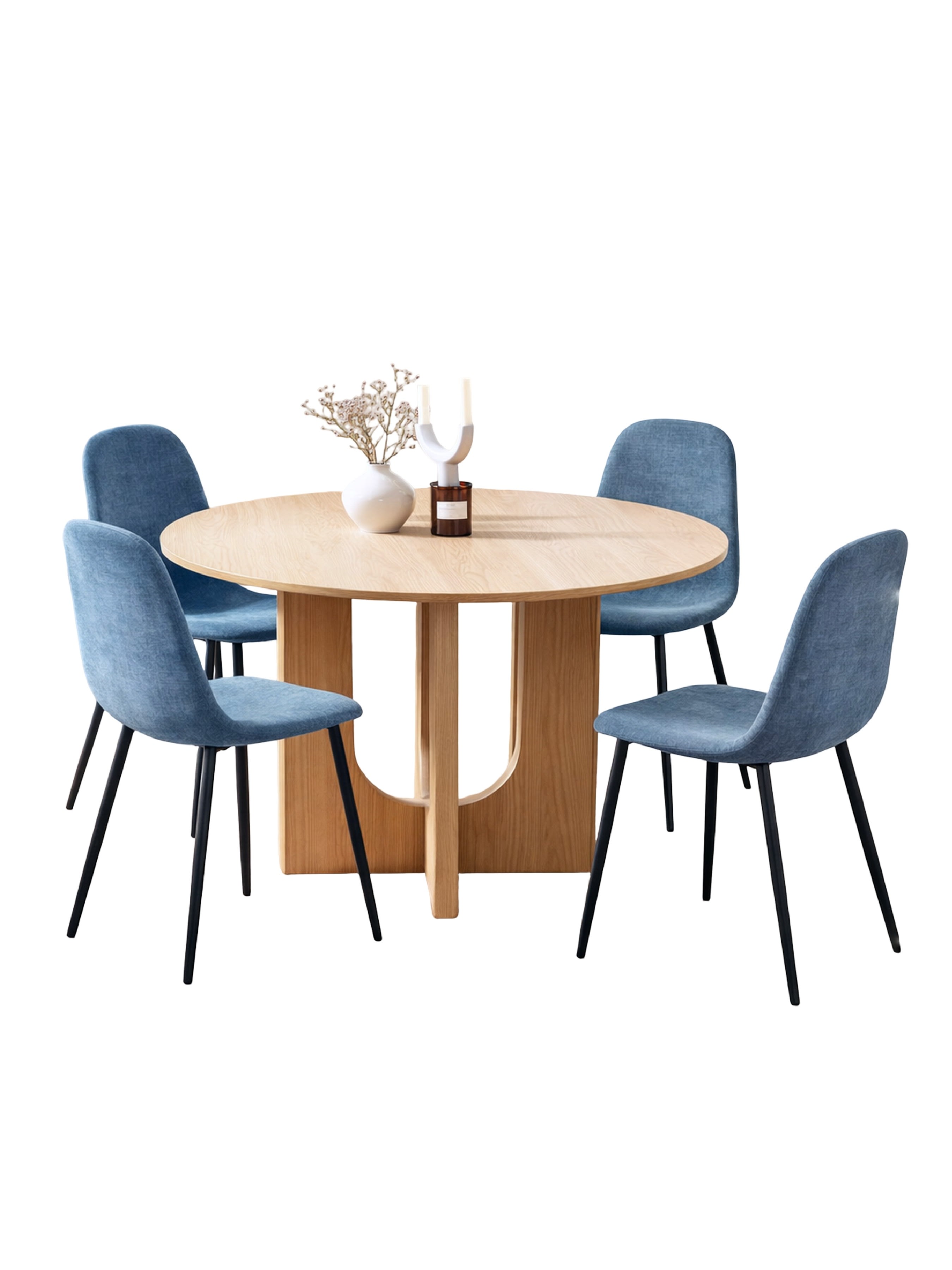 Cellini Round Oak Effect Dining Table Set with 4 Lottie Blue Chenille Upholstered Dining Chairs – Natural Oak Effect