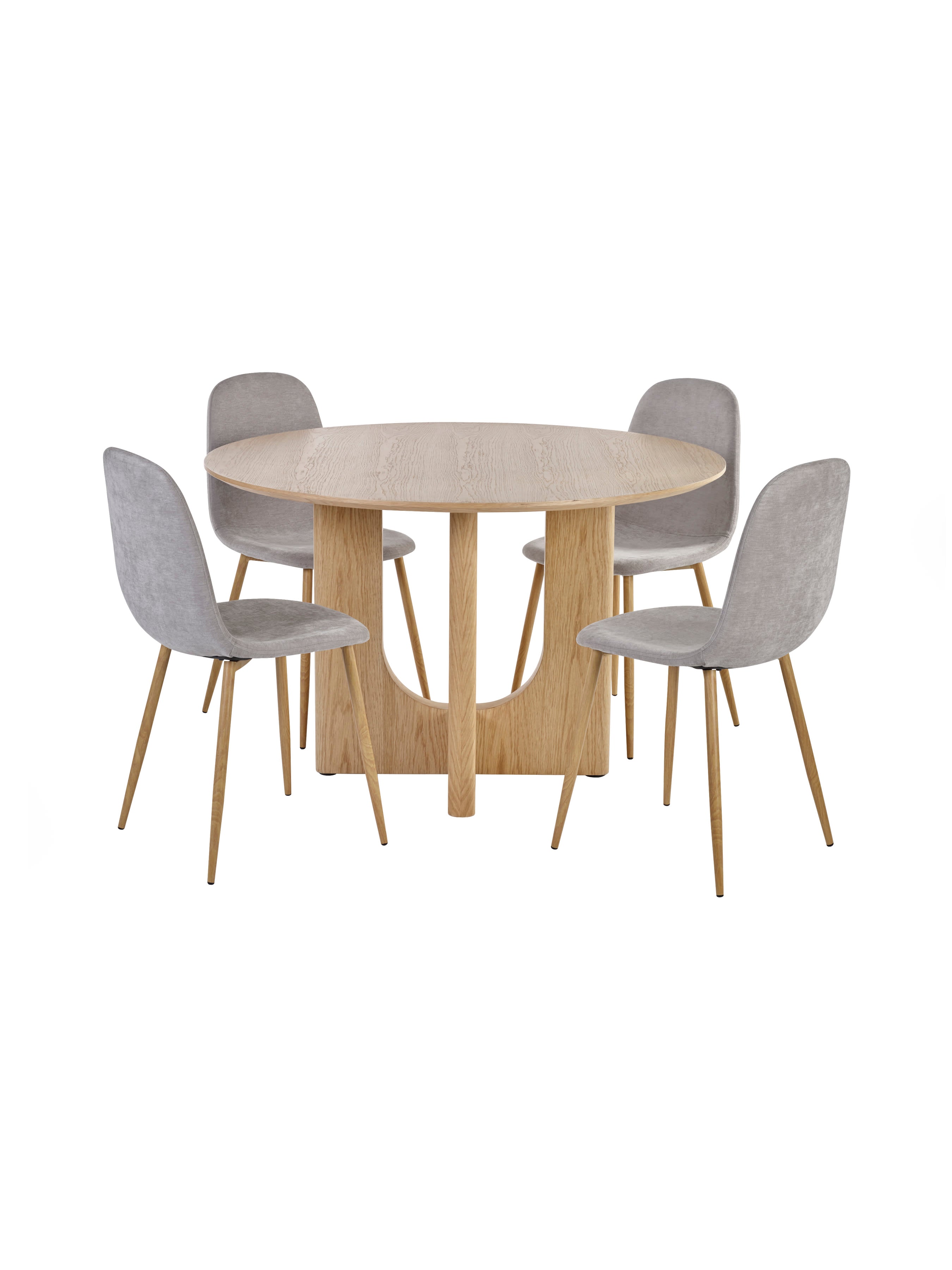 Cellini Round Oak Effect Dining Table Set with 4 Lottie Beige Chenille Upholstered Dining Chairs – Natural Oak Effect