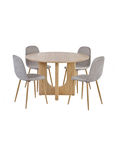 Cellini Round Oak Effect Dining Table Set with 4 Lottie Beige Chenille Upholstered Dining Chairs – Natural Oak Effect