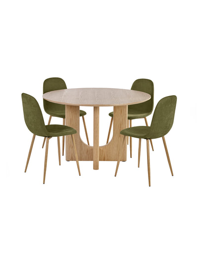 Cellini Round Oak Effect Dining Table Set with 4 Lottie Green Chenille Upholstered Dining Chairs – Natural Oak Effect