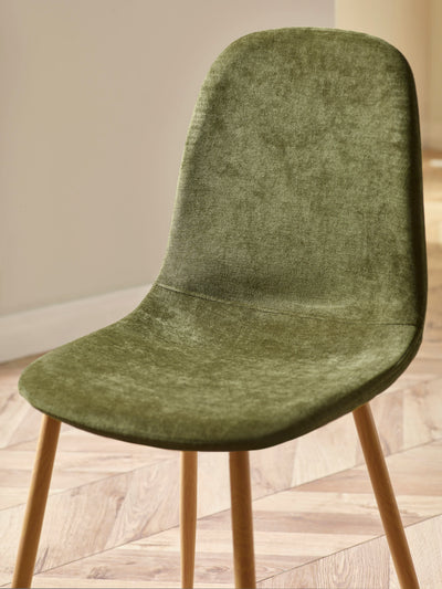 Cellini Round Oak Effect Dining Table Set with 4 Lottie Green Chenille Upholstered Dining Chairs – Natural Oak Effect
