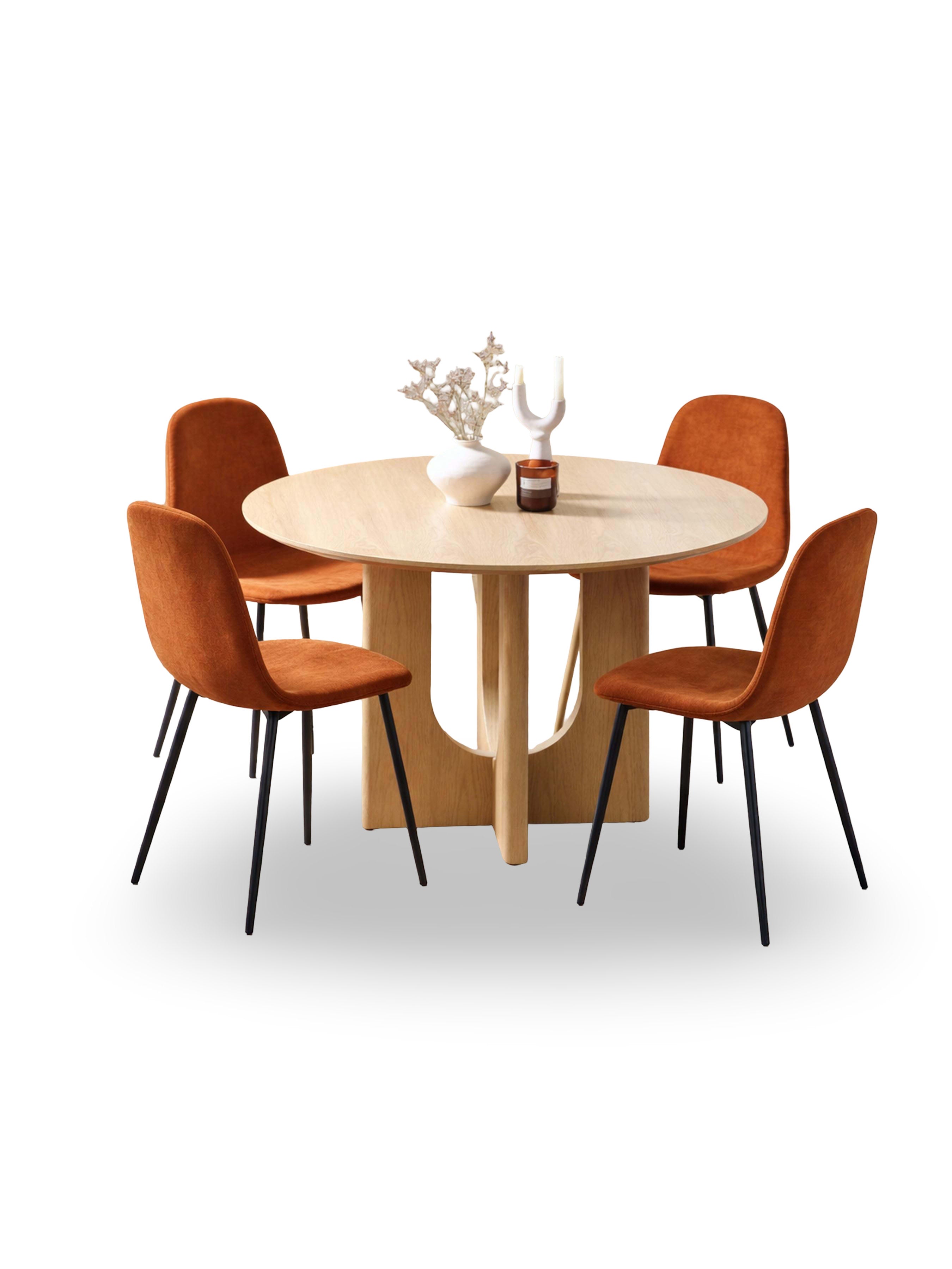 Cellini Round Oak Effect Dining Table Set with 4 Lottie Orange Chenille Upholstered Dining Chairs – Natural Oak Effect