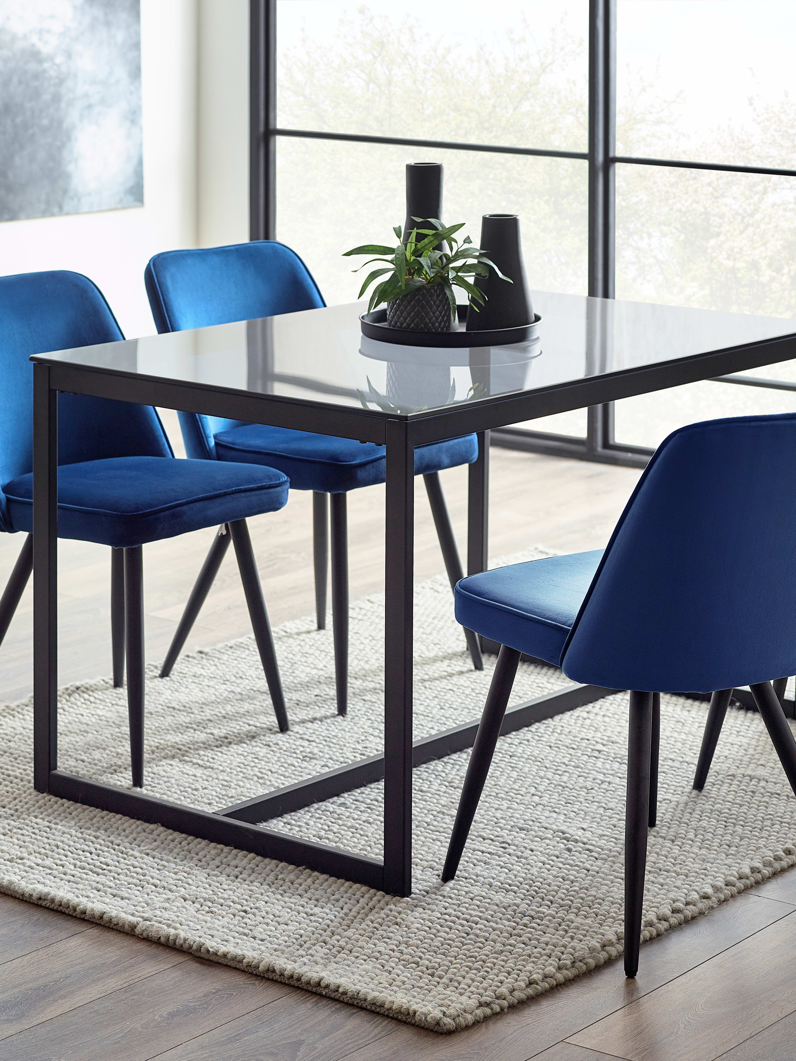 Chicago Dining Table & 4 Burgess Blue Chairs – Smoked Glass