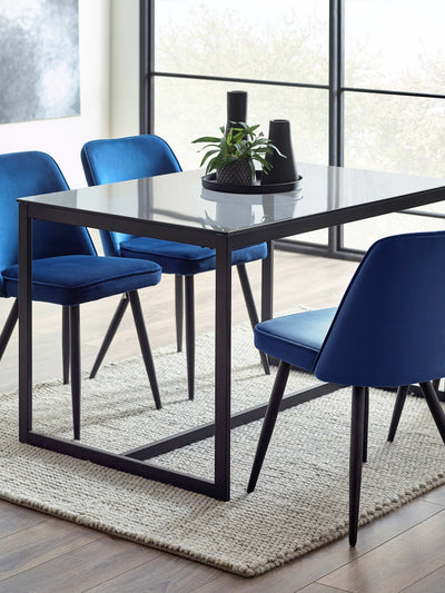 Chicago Dining Table & 4 Burgess Blue Chairs – Smoked Glass