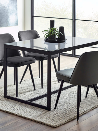 Chicago Rectangular Smoked Glass Dining Table Set with 4 Grey Velvet Upholstered Burgess Dining Chairs
