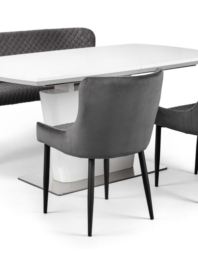 Como White High Gloss Table , 1 Grey plush High Bench and 2 Grey plush Chairs – White and Grey
