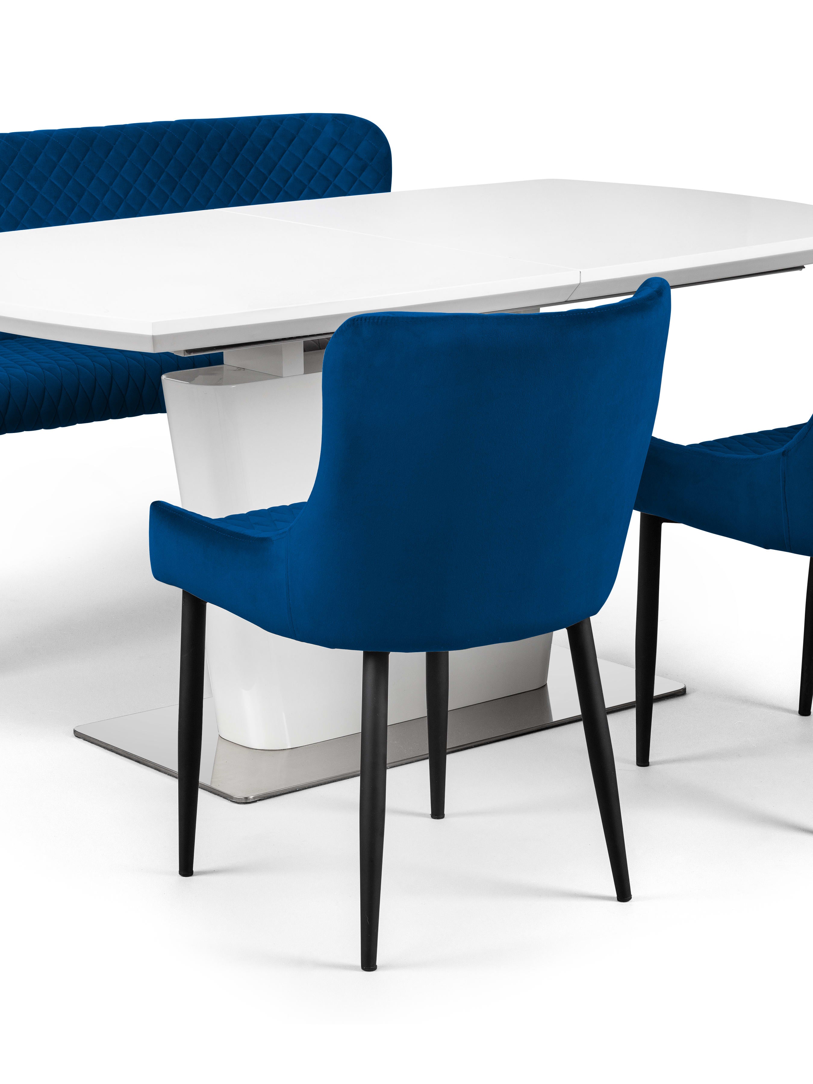 Como White High Gloss Table , 1 Blue plush High Bench and 2 Blue plush Chairs – White and Blue