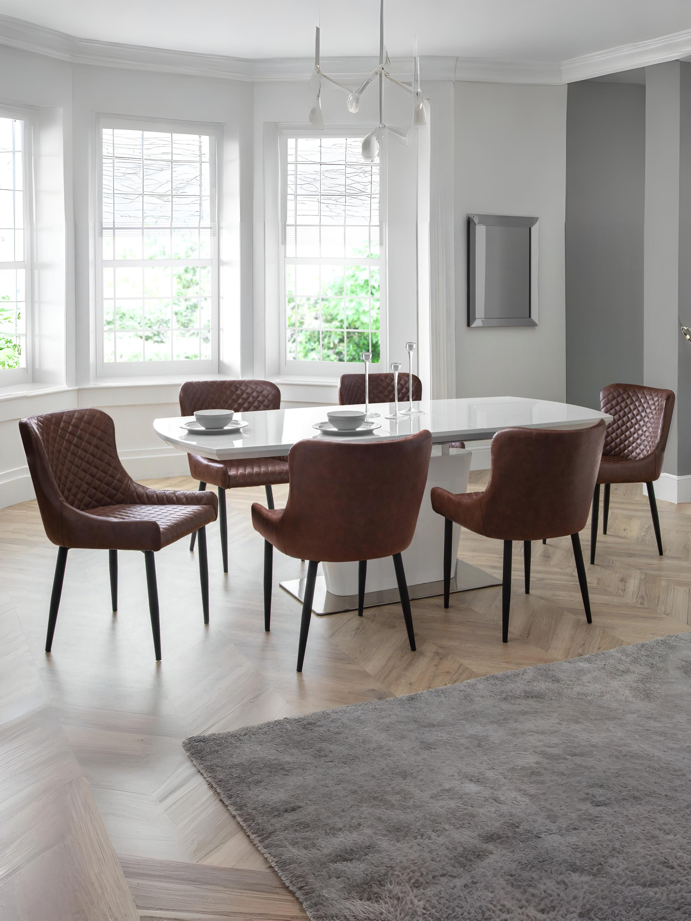 Como White Gloss Rectangular 160 to 200cm Extending Dining Table Set with 6 plush Brown Faux Leather Dining Chairs