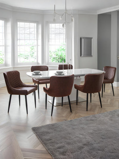 Como White Gloss Rectangular 160 to 200cm Extending Dining Table Set with 6 plush Brown Faux Leather Dining Chairs