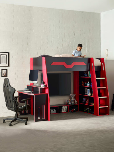 Eagle Single Gaming Highsleeper Bed - Black and Red
