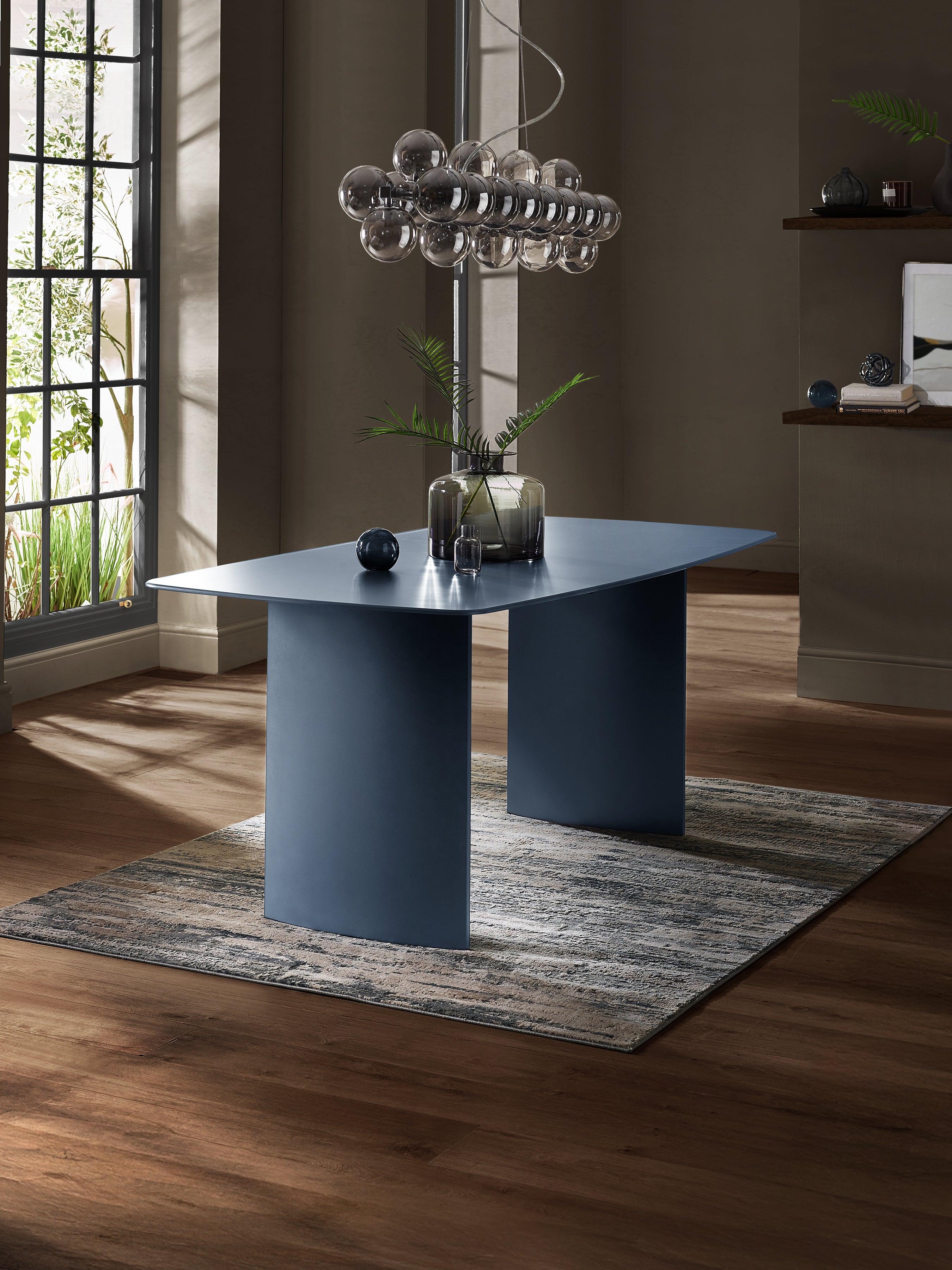 Element Matt Blue Glass Rectangular Dining Set with 6 Jonah Cream Swivel Chairs – Matt Blue and Cream Chenille