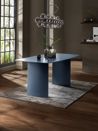 Element Matt Blue Glass Rectangular Dining Set with 6 Jonah Cream Swivel Chairs – Matt Blue and Cream Chenille