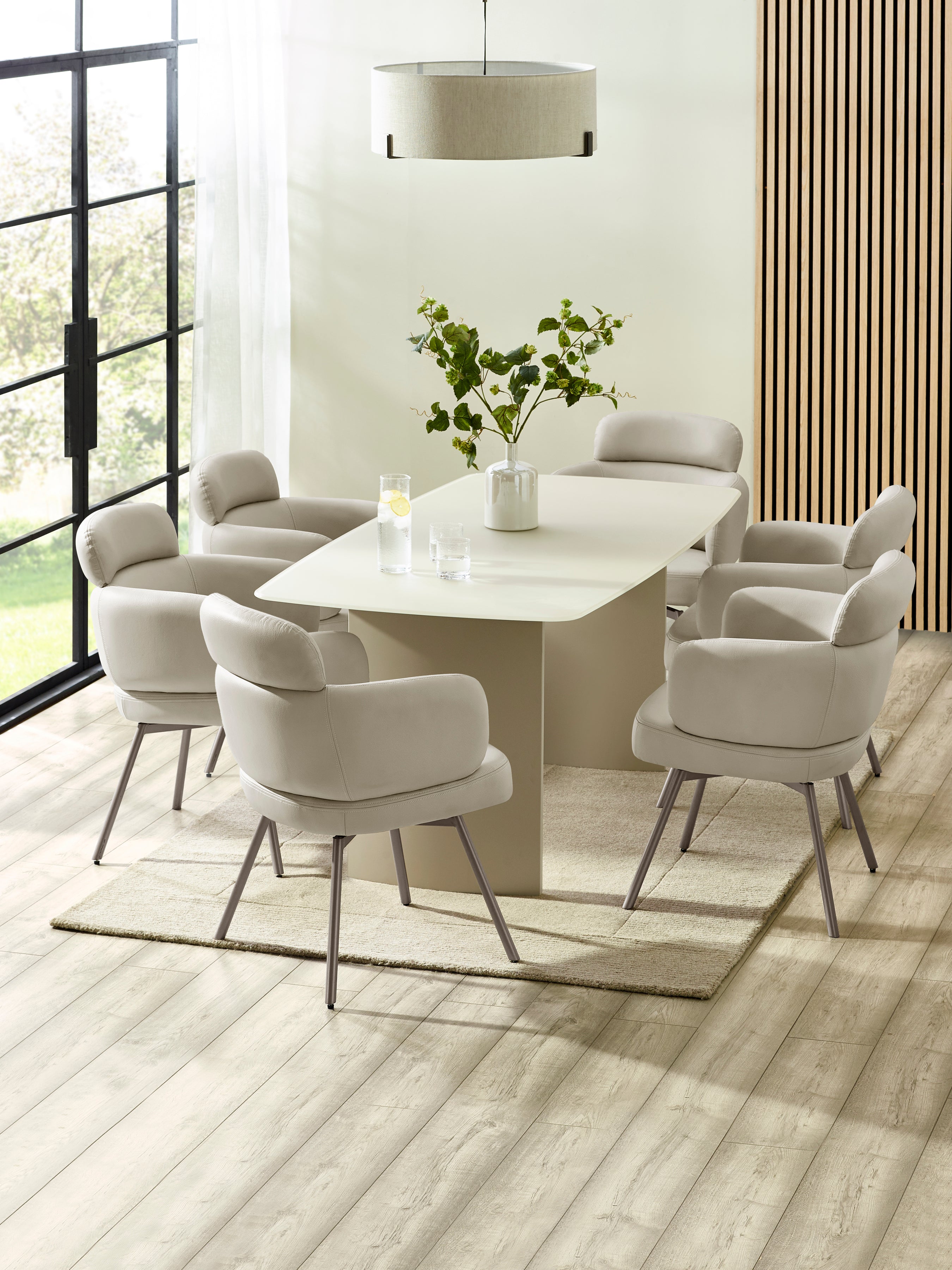 Element Matt Cream Glass Rectangular Dining Set with 6 Callisto Taupe Swivel Chairs – Matt Cream and Taupe