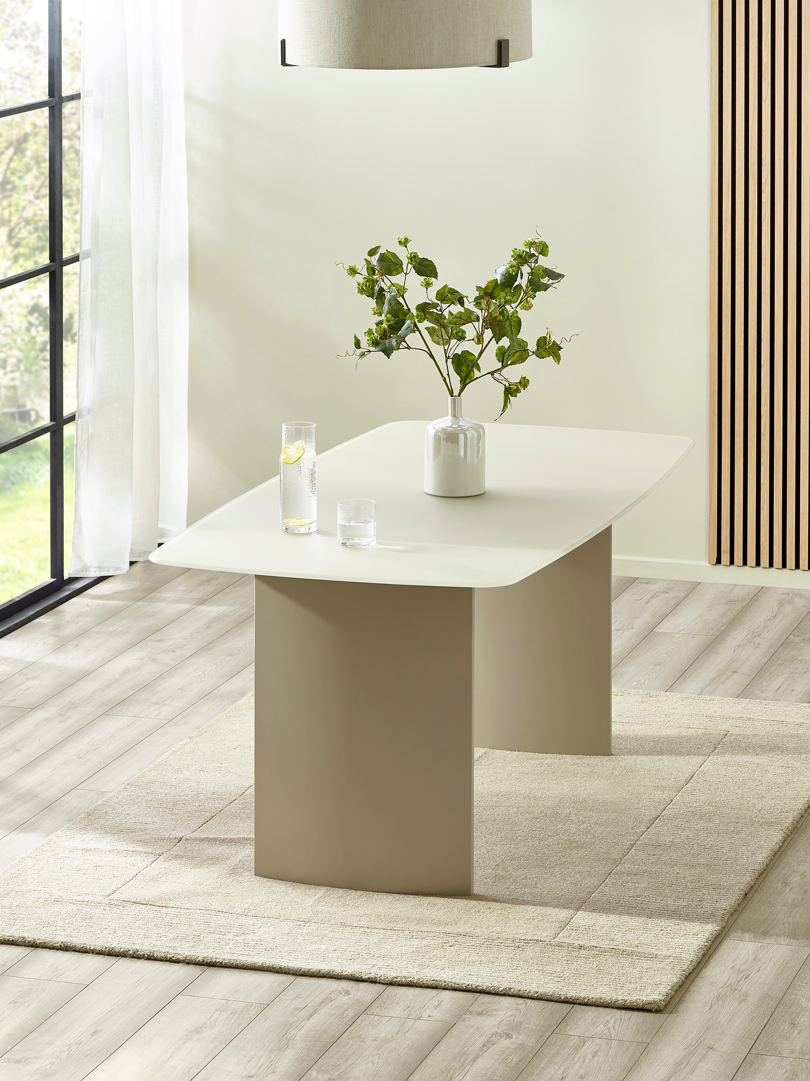 Element Matt Cream Glass Rectangular Dining Set with 6 Callisto Taupe Swivel Chairs – Matt Cream and Taupe
