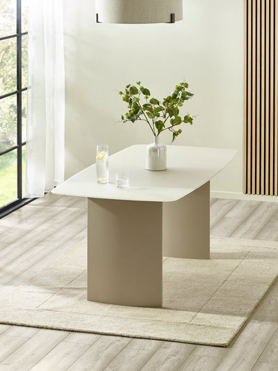 Element Matt Cream Glass Rectangular Dining Set with 6 Callisto Taupe Swivel Chairs – Matt Cream and Taupe