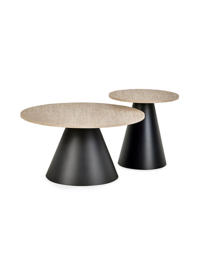 Elgon Travertine Effect Coffee and Lamp Table Set – Natural Travertine Effect and Black