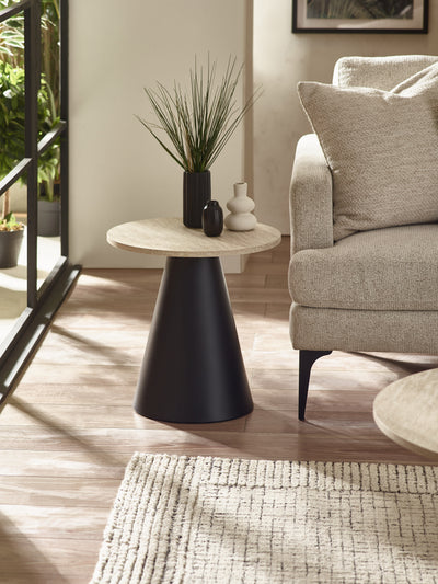 Elgon Travertine Effect Coffee and Lamp Table Set – Natural Travertine Effect and Black