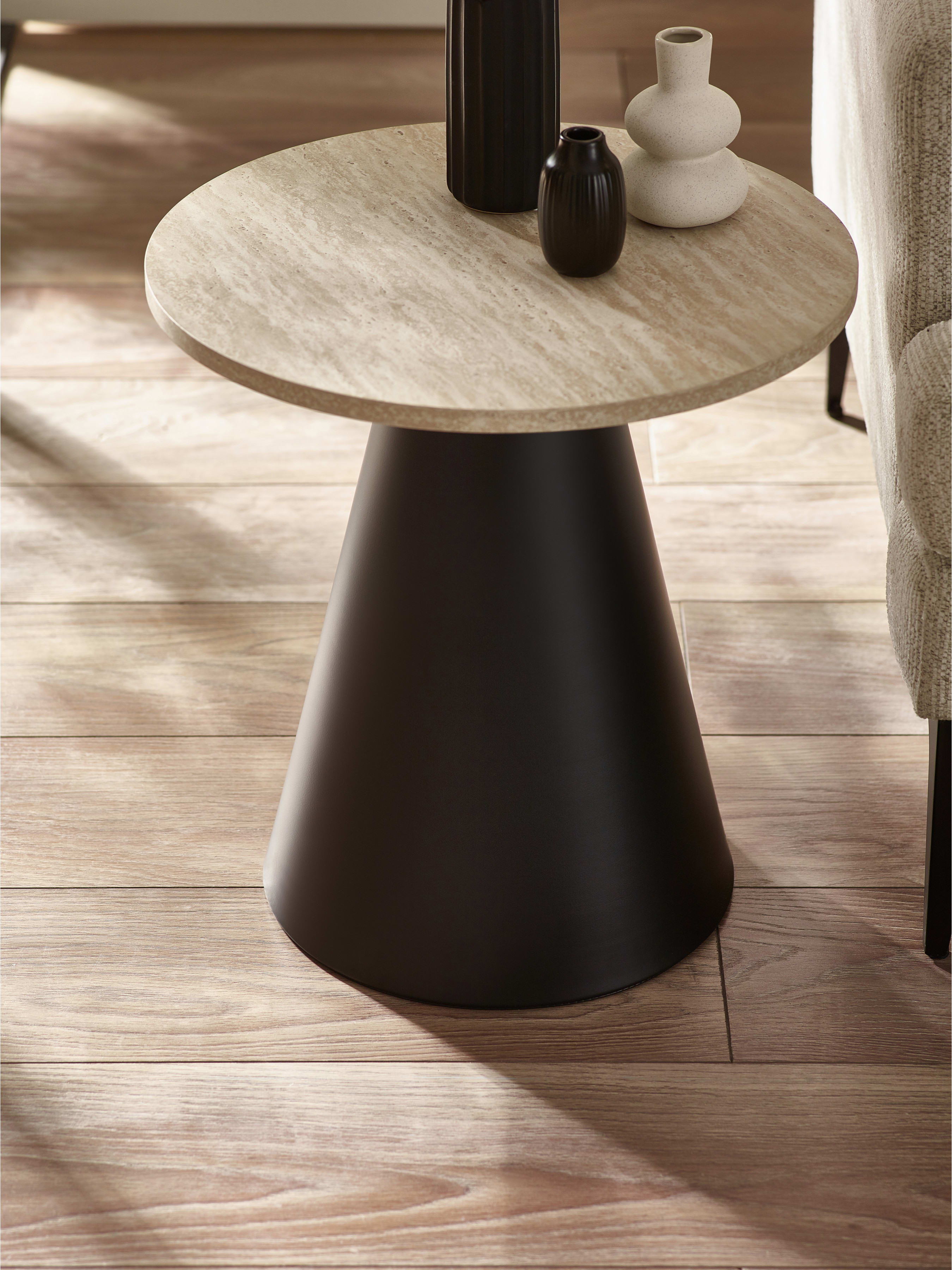 Elgon Travertine Effect Coffee and Lamp Table Set – Natural Travertine Effect and Black