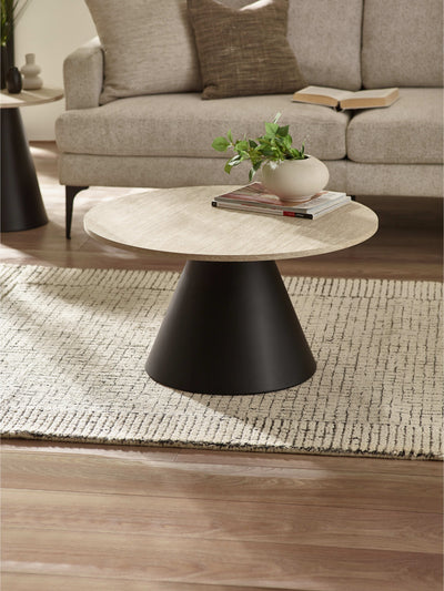 Elgon Travertine Effect Coffee and Lamp Table Set – Natural Travertine Effect and Black
