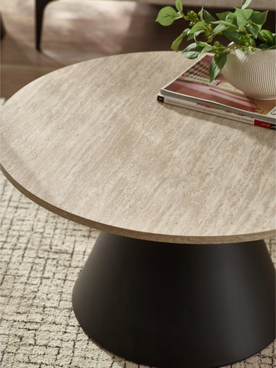 Elgon Travertine Effect Coffee and Lamp Table Set – Natural Travertine Effect and Black