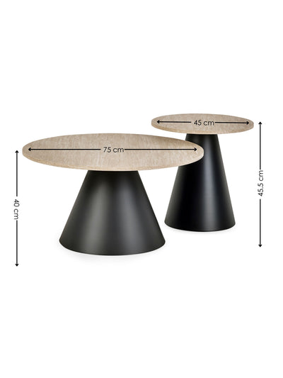 Elgon Travertine Effect Coffee and Lamp Table Set – Natural Travertine Effect and Black