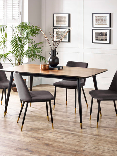 Findlay Rectangular Table and 4 Grey Delaunay Chairs – Walnut Effect and Black