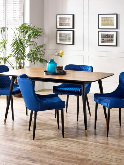 Findlay Rectangular Table and 4 Blue plush Chairs – Walnut Effect and Black