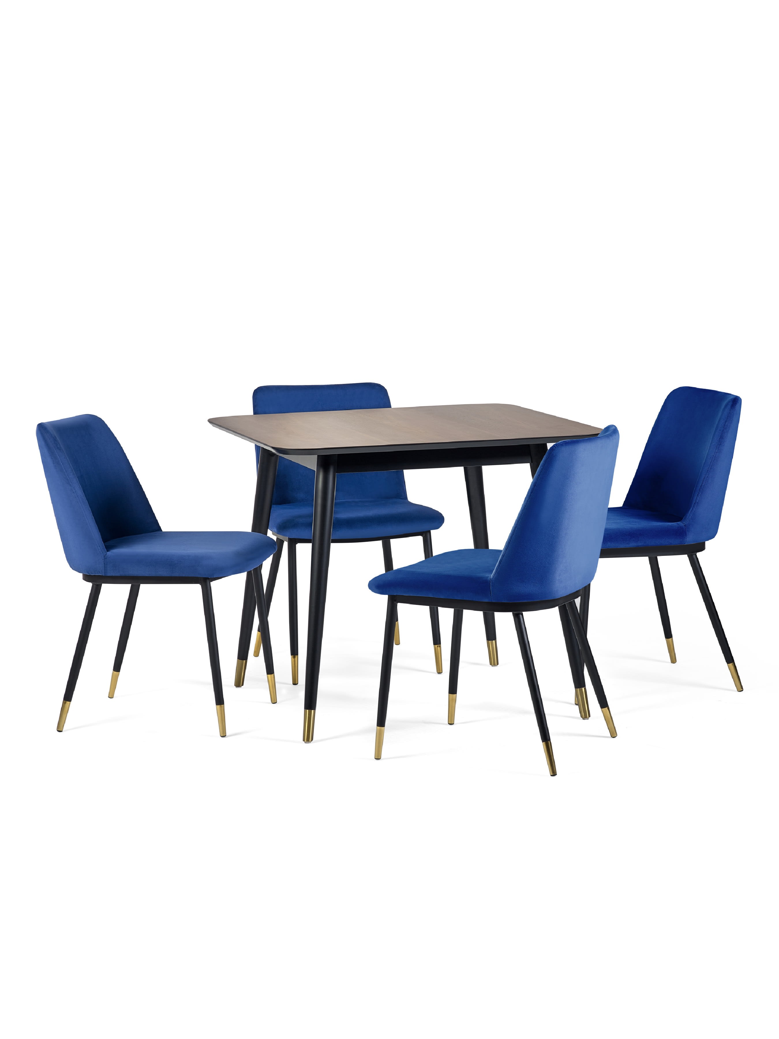 Findlay Square Table and 4 Blue Delaunay Chairs – Walnut Effect and Black