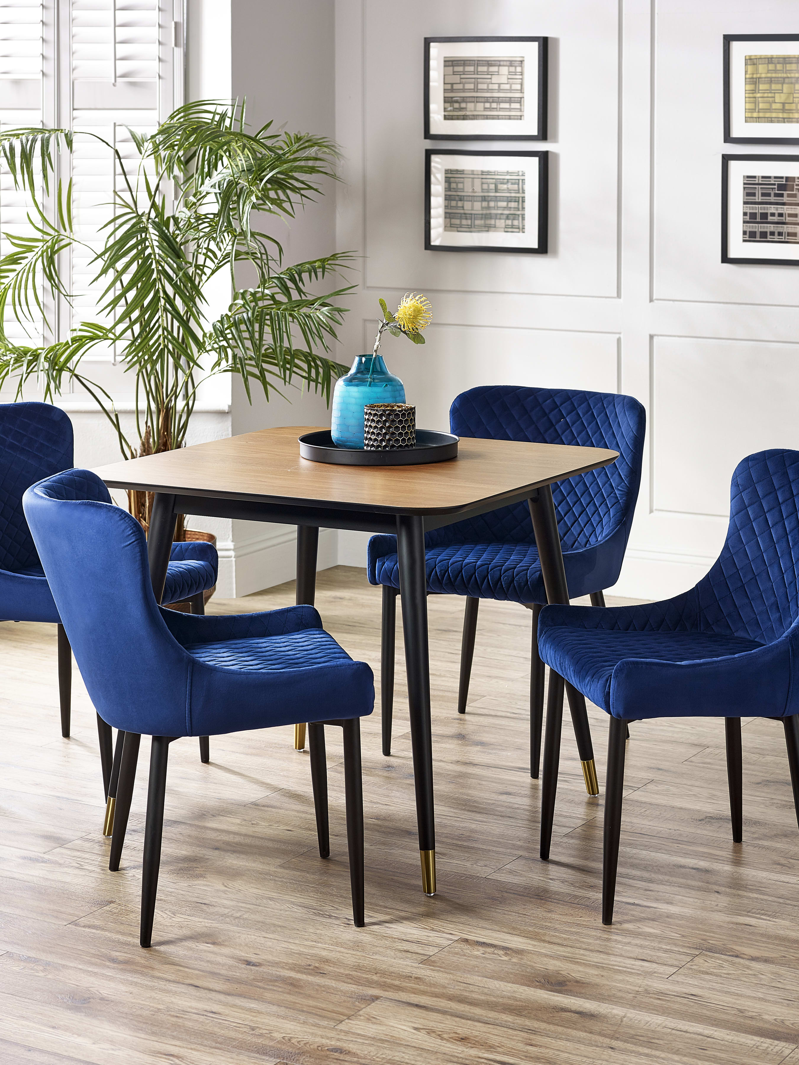 Findlay Square Table and 4 Blue plush Chairs – Walnut Effect and Black