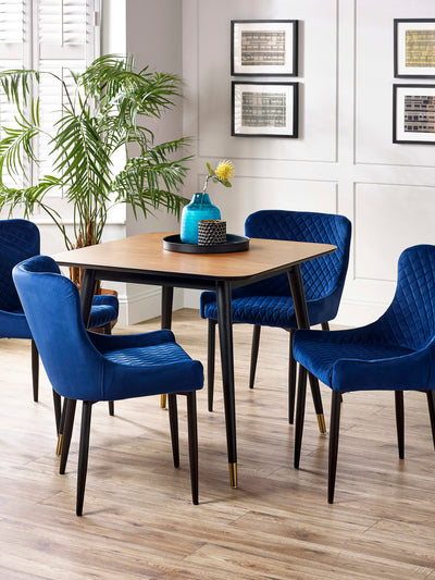 Findlay Square Table and 4 Blue plush Chairs – Walnut Effect and Black