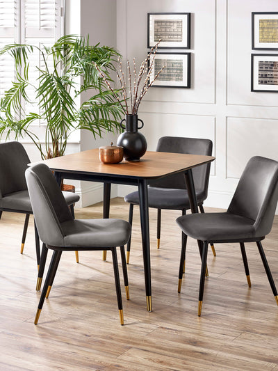 Findlay Square Table and 4 Grey Delaunay Chairs – Walnut Effect and Black