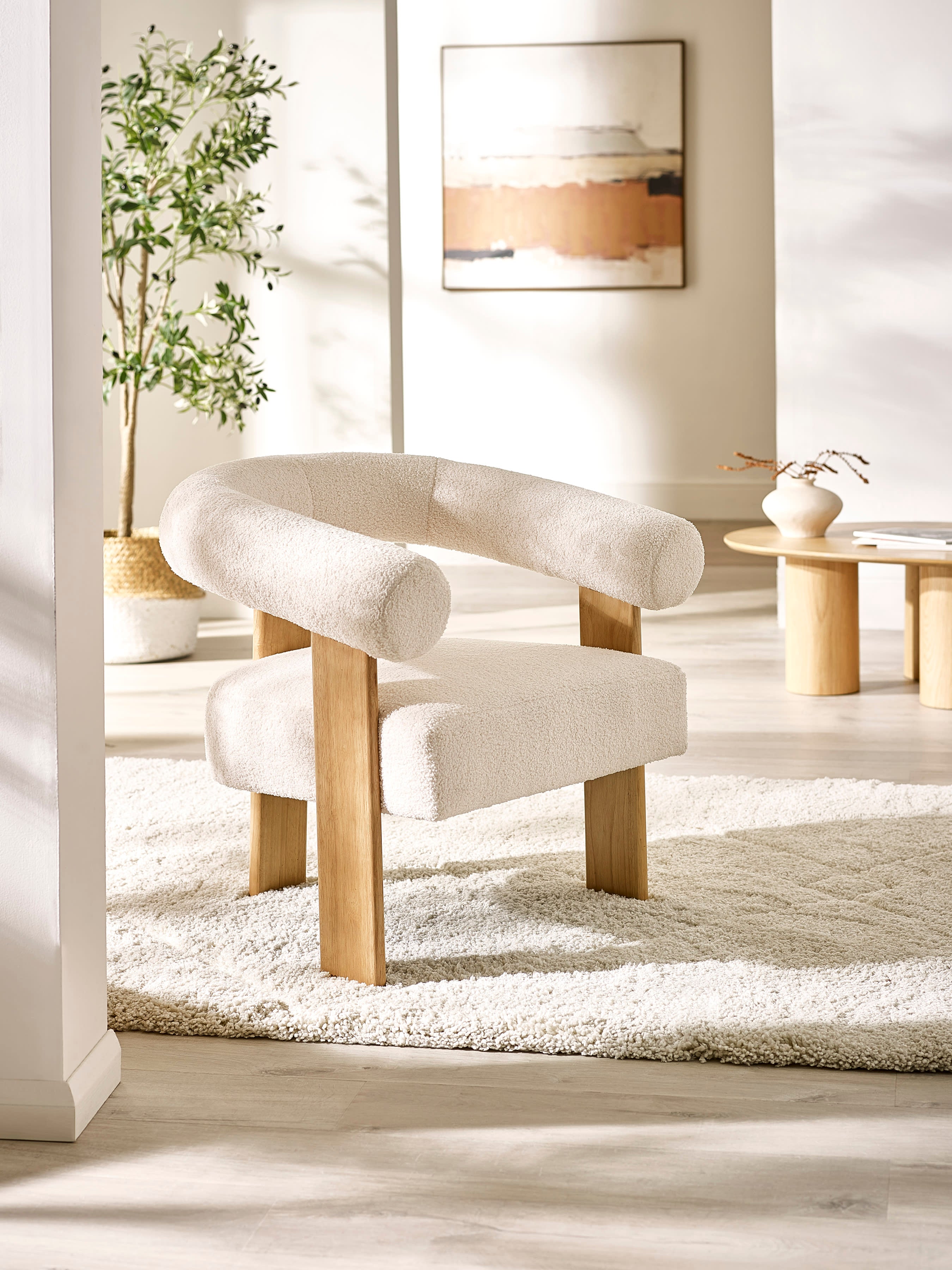 Freya White Boucle Upholstered Accent Chair with Solid Wood Legs