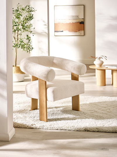 Freya White Boucle Upholstered Accent Chair with Solid Wood Legs