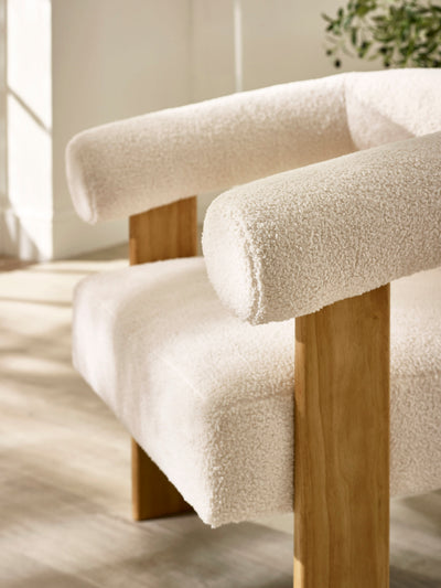 Freya White Boucle Upholstered Accent Chair with Solid Wood Legs