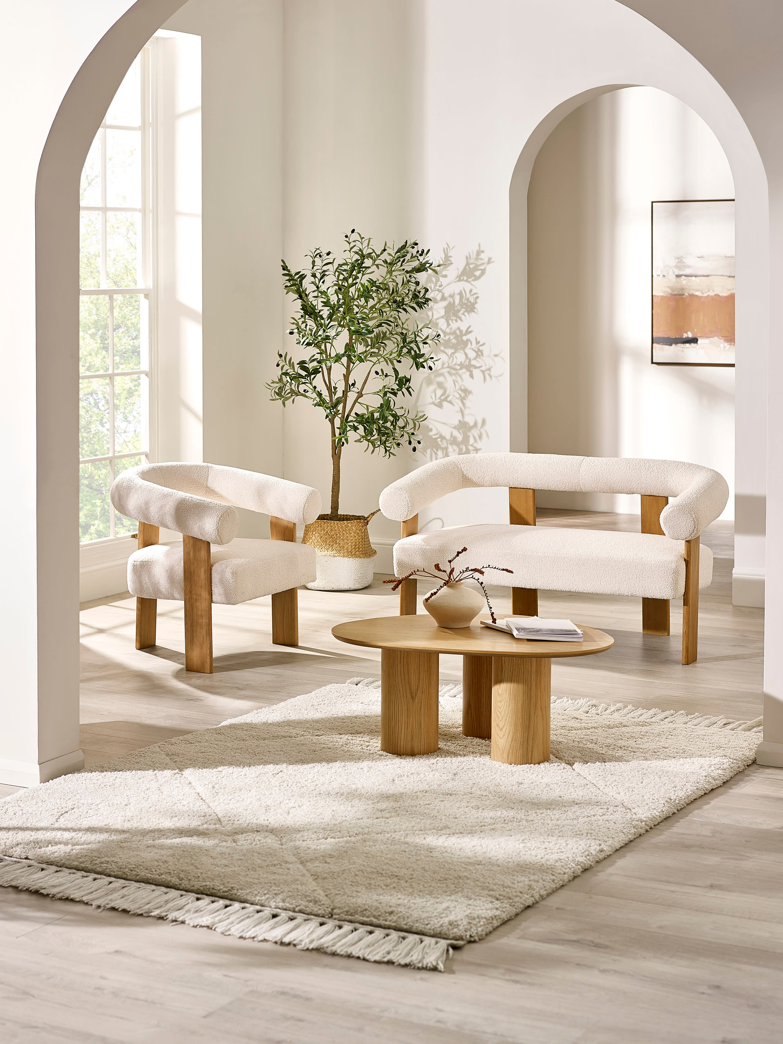 Freya White Boucle Upholstered Accent Chair with Solid Wood Legs