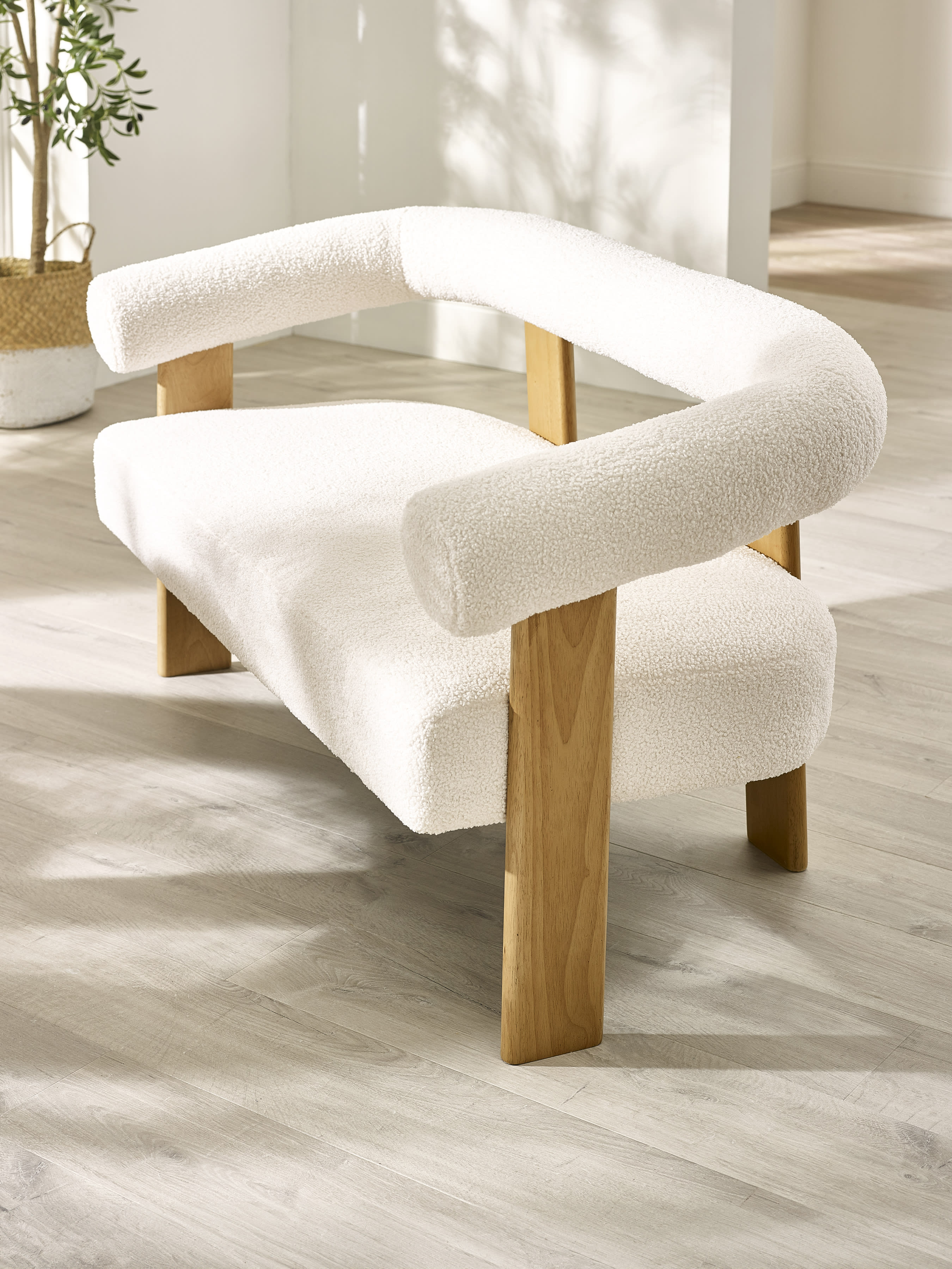 Freya White Boucle Upholstered 2 Seater Sofa with Solid Wood Legs