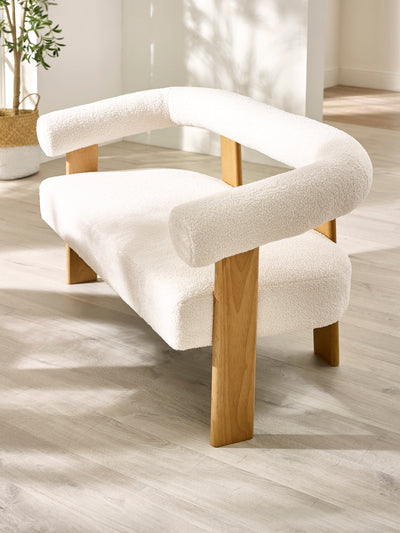 Freya White Boucle Upholstered 2 Seater Sofa with Solid Wood Legs