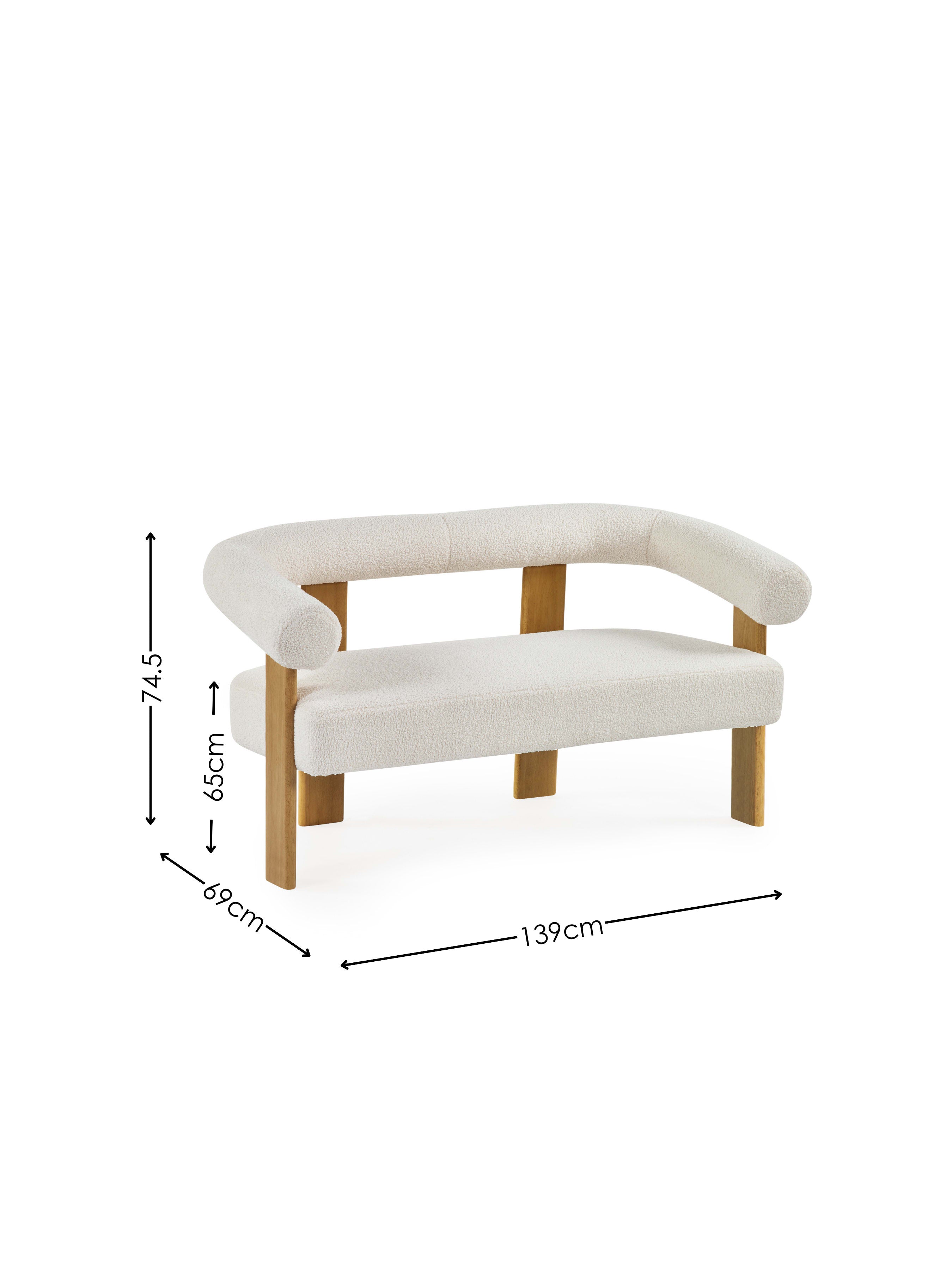 Freya White Boucle Upholstered 2 Seater Sofa with Solid Wood Legs
