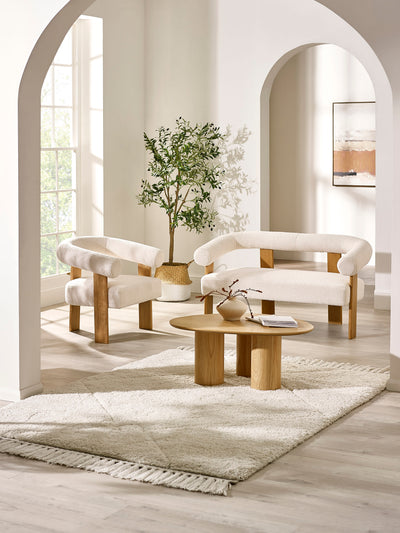 Freya White Boucle Upholstered 2 Seater Sofa with Solid Wood Legs