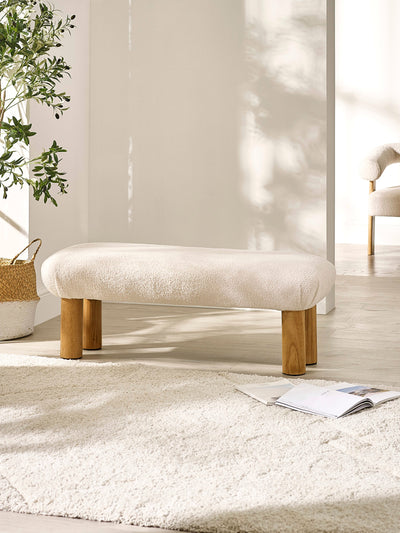 Freya White Boucle Upholstered Low Bench with Solid Wood Legs