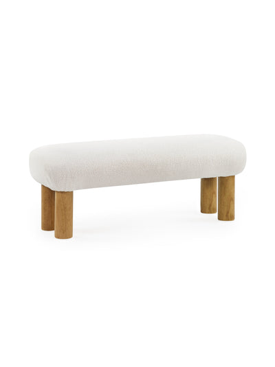 Freya White Boucle Upholstered Low Bench with Solid Wood Legs
