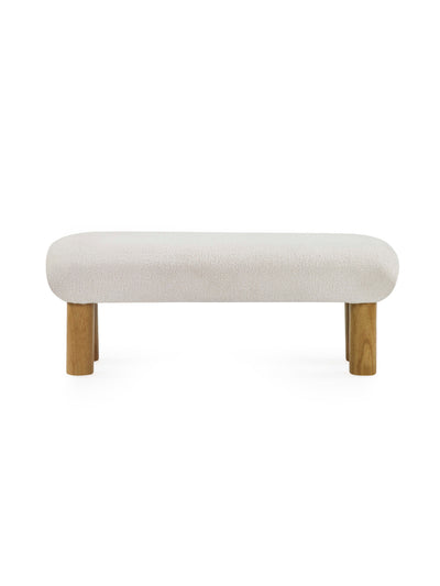 Freya White Boucle Upholstered Low Bench with Solid Wood Legs