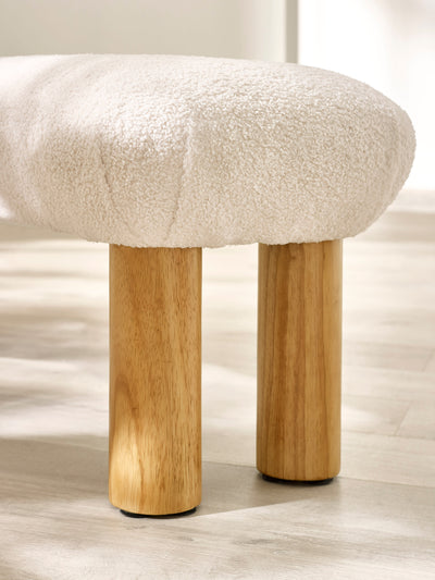 Freya White Boucle Upholstered Low Bench with Solid Wood Legs