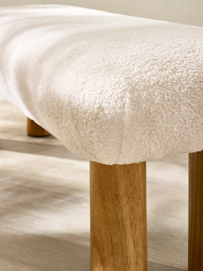 Freya White Boucle Upholstered Low Bench with Solid Wood Legs