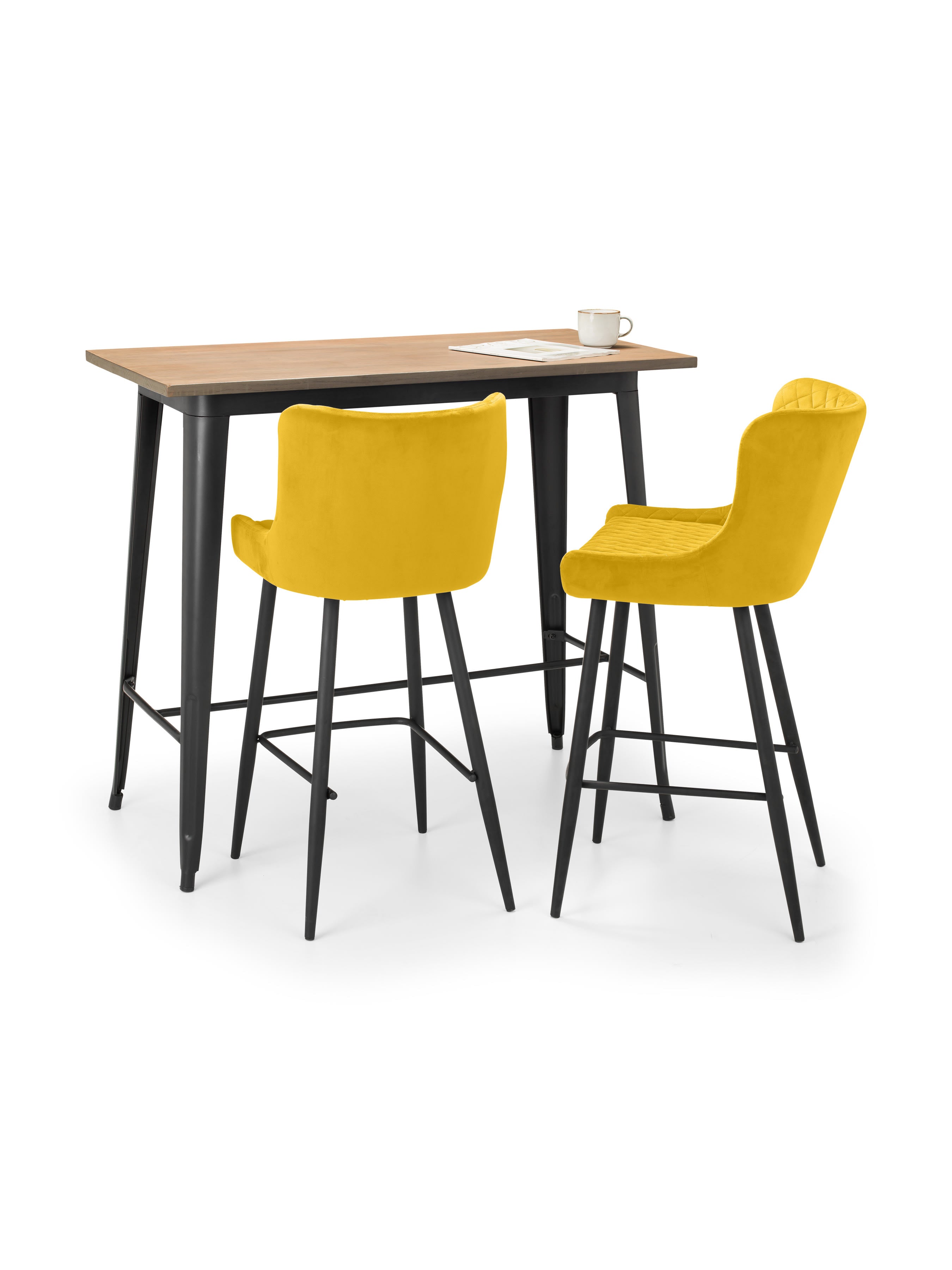 Grafton Bar Table and 2 Mustard plush Stools – Mocha Elm