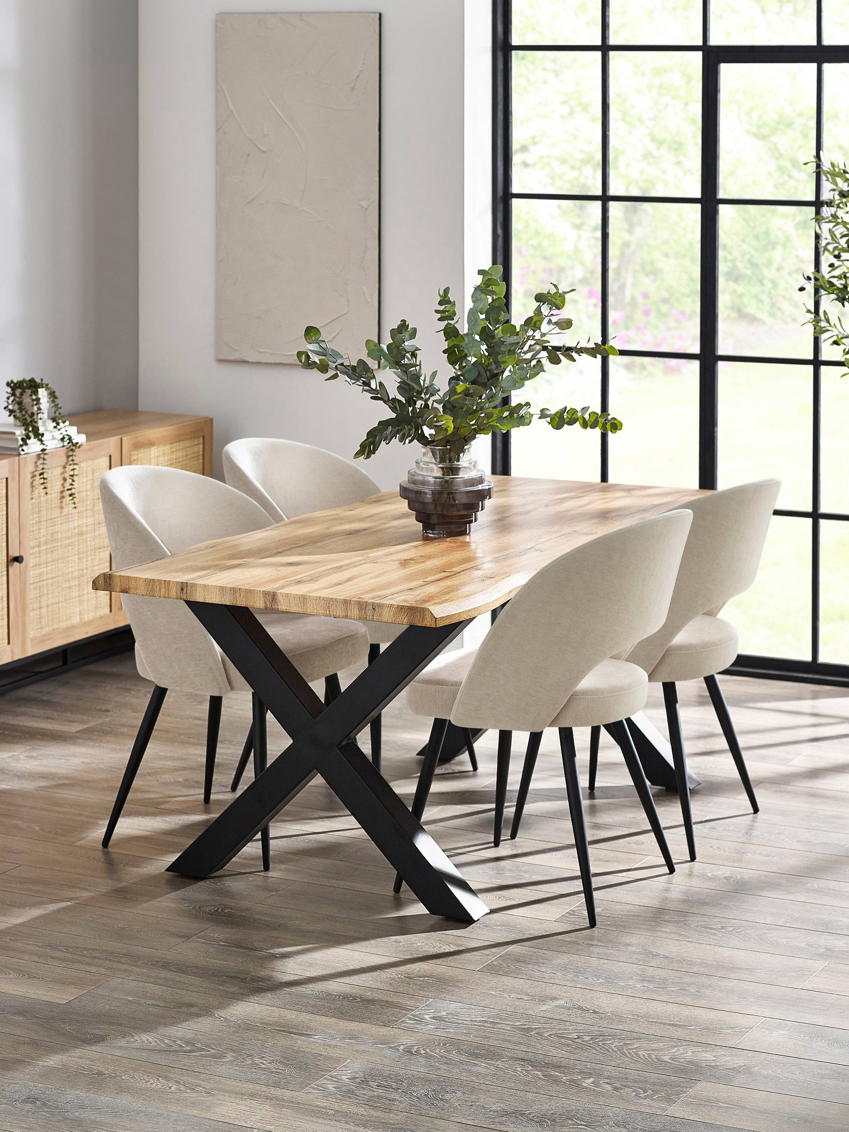 Harvey Rectangular Curved Edge Oak Effect Dining Table Set with 4 Ella Cream Upholstered Dining Chairs – Oak/Black