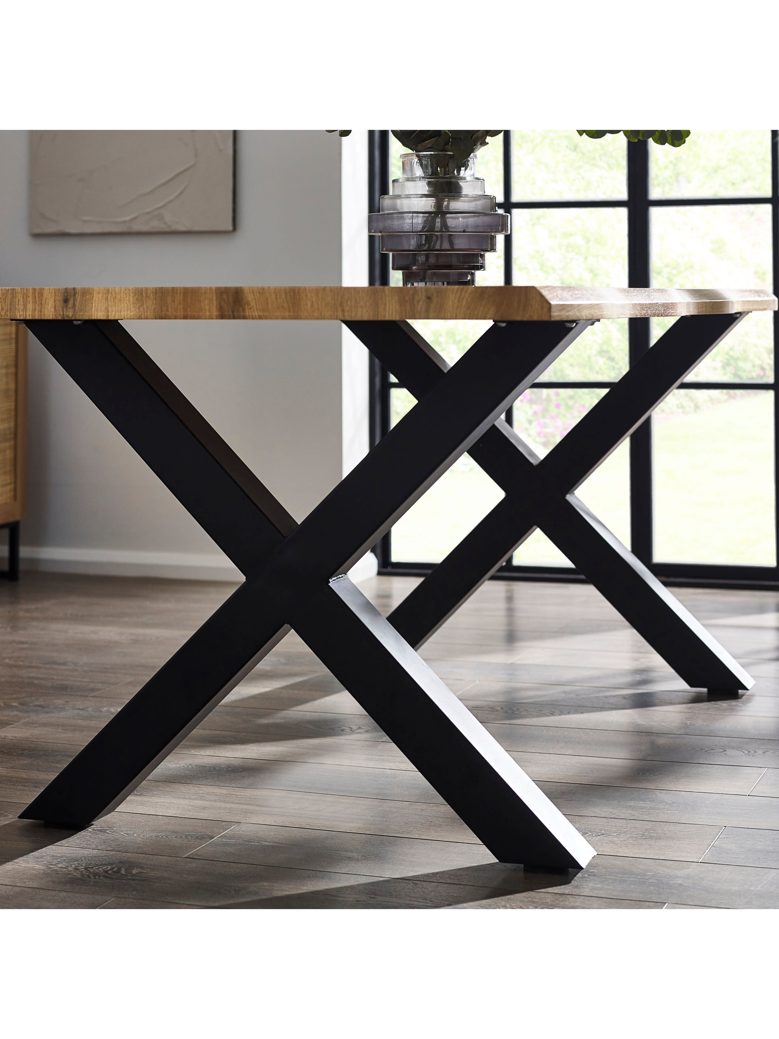 Harvey Rectangular Curved Edge Oak Effect Dining Table Set with 4 Ella Cream Upholstered Dining Chairs – Oak/Black