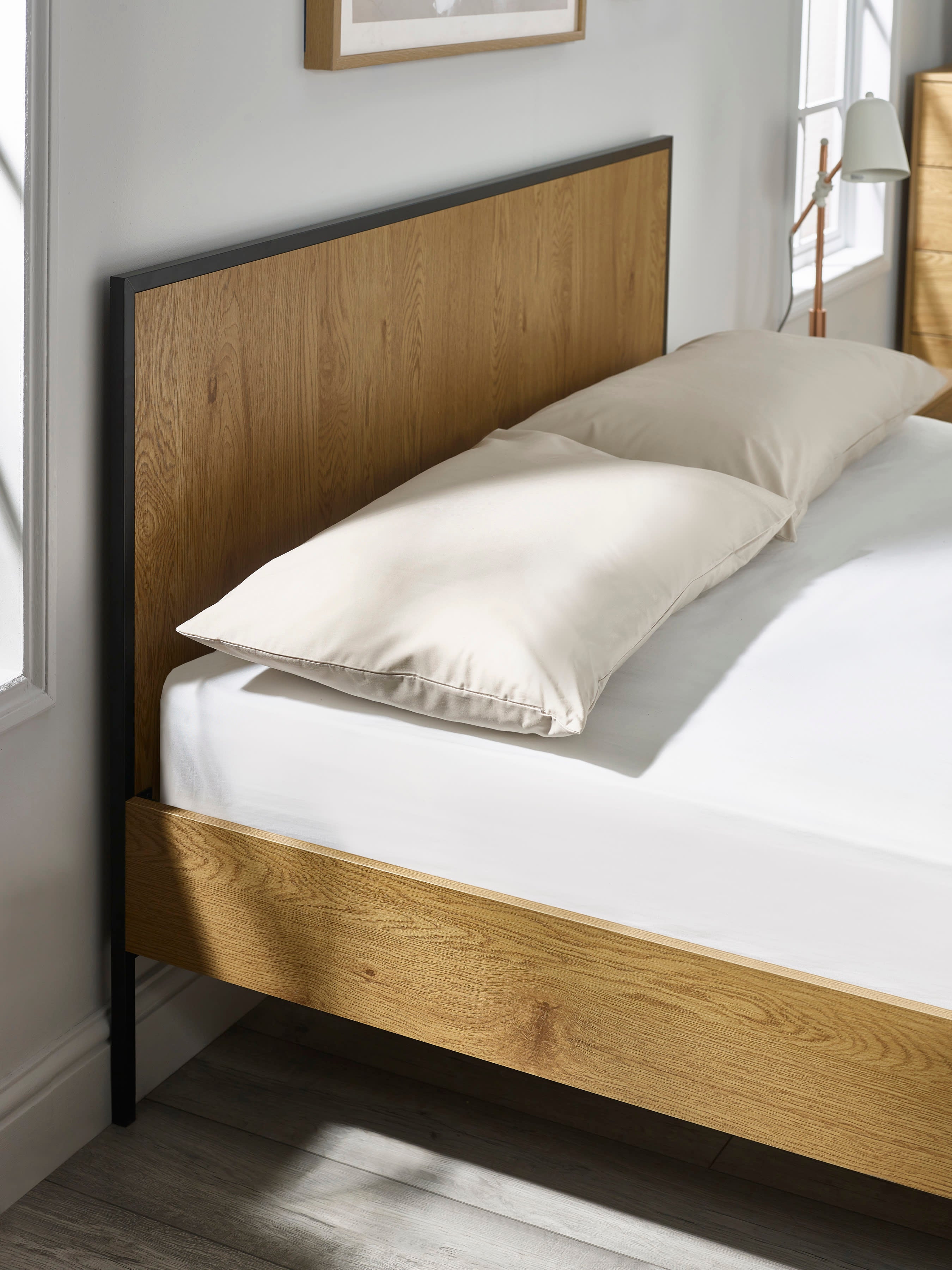 Harlow Oak/Black Bed Frame – Light Oak Effect